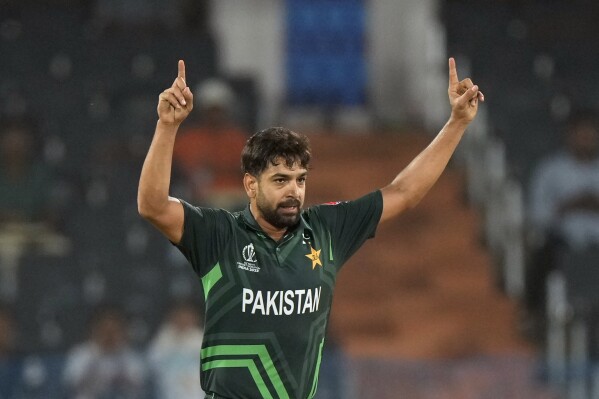 Pakistan's Haris Rauf celebrates the wicket of Netherlands' captain Scott Edwards during the ICC Men's Cricket World Cup match between Pakistan and Netherlands in Hyderabad, India, Friday, Oct. 6, 2023. (AP Photo/Mahesh Kumar A.)