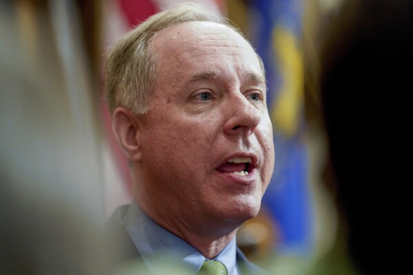 FILE - Wisconsin's Republican Assembly Speaker Robin Vos talks to reporters at the state Capitol, Feb. 15, 2022, in Madison, Wis. Vos said Thursday, Oct. 5, 2023, that he will not pursue impeachment for the presidential battleground state’s nonpartisan top elections official, despite calls from the Republican president of the state Senate to do so. (AP Photo/Andy Manis, File)