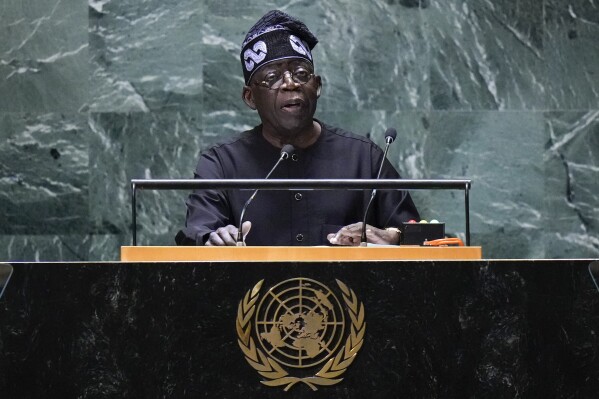 Bola Ahmed Tinubu, President of Nigeria, addresses the 78th session of the United Nations General Assembly, Tuesday, Sept. 19, 2023 at U.N. headquarters. (AP Photo/Frank Franklin II)