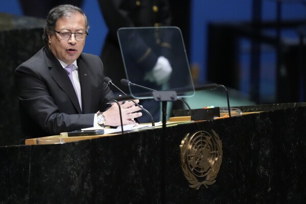 Columbian President Gustavo Petro Urrego addresses the 78th session of the United Nations General Assembly, Tuesday, Sept. 19, 2023 at United Nations headquarters. (AP Photo/Mary Altaffer)