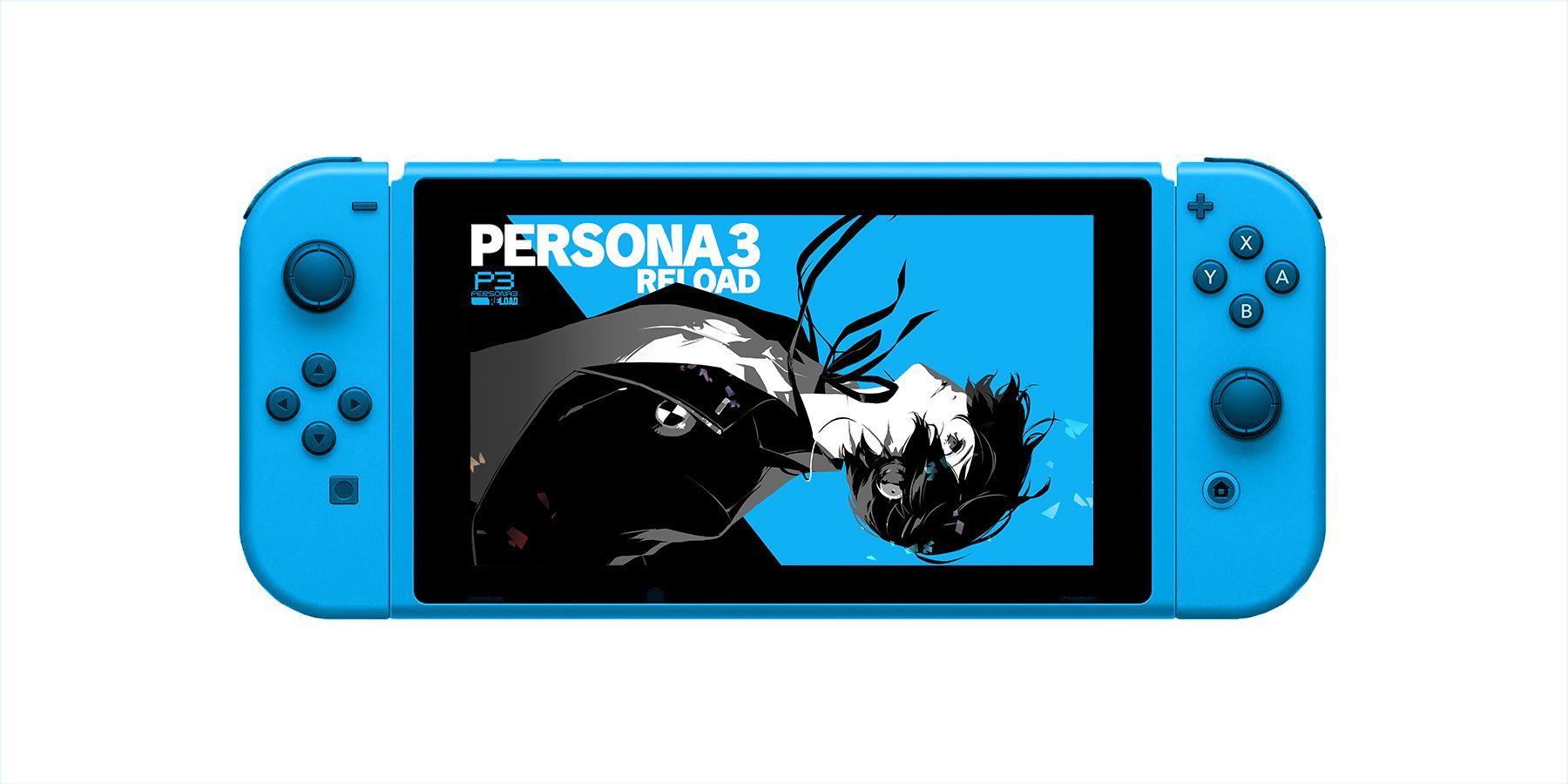 Persona 3 Reload artwork on vivid blue Nintendo Switch handheld console